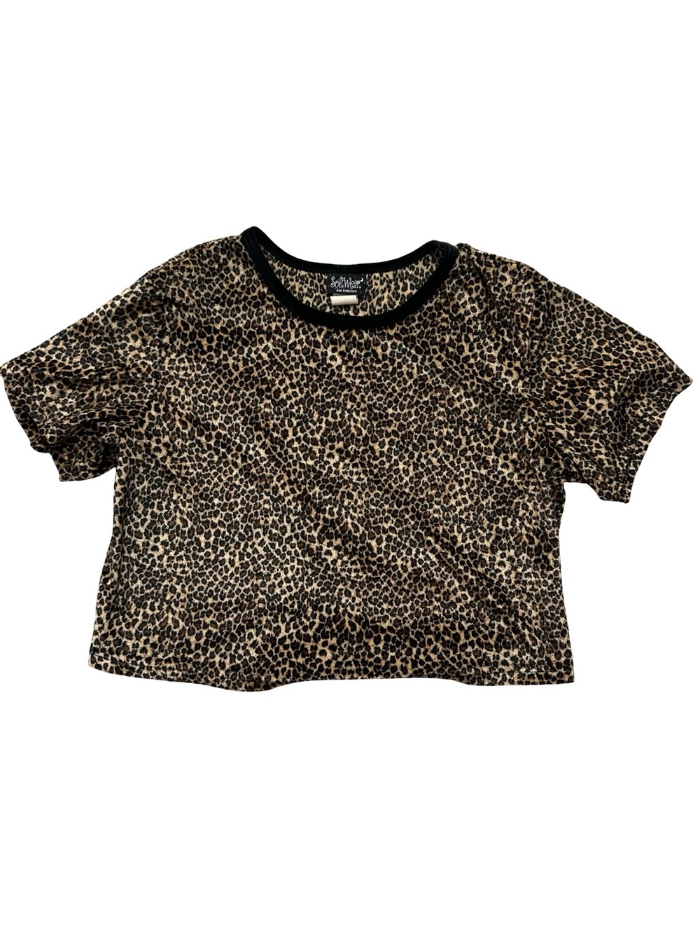 Vintage Y2K SoftWear San Francisco Leopard Print Short Sleeve Velvet Crop Top